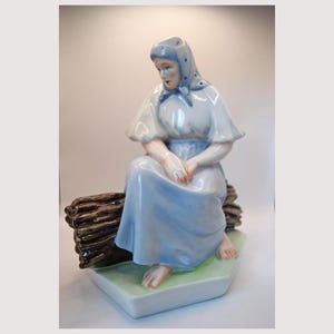 Zsolnay Porcelain Figurine: Hungarian Peasant Woman with Wood
