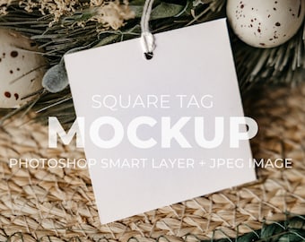 Square Gift Tag Mockup, Photoshop Smart Object PSD + JPEG Blank Image Hang Tags Label Mockup, Square Tag Mock-up, Favor Tag Mockup - Pascha