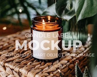 9 OZ Amber Candle Mockup in Boho & Botanical Style, PSD Smart Object + JPEG, Rustic Aesthetic Amber Candles Jar Sticker Mock-up - Garden