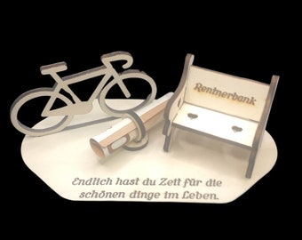 Cash gift pensioner's bench with bicycle · Cash gift for cyclists · Gifts made of wood · Cash gifts · Original cash gifts ·