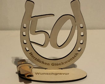 Geschenk zum 50. Geburtstag, Geldgeschenk, Gutscheinhalter, Glückwunsch & Zahl 50 im Hufeisen, Pferdeliebhaber