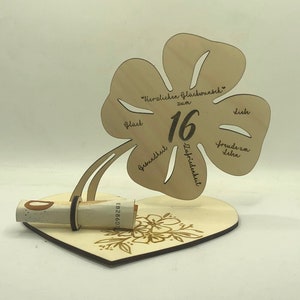 Klaverblad voor 16e verjaardag, houten cadeaus · geldcadeaus · originele geldcadeaus