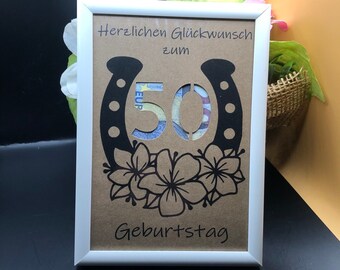 Money gift for 50th birthday, wish fulfiller, gift to give as a birthday gift, money, gift card, horseshoe, luck