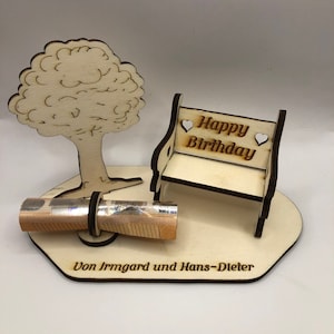 Birthday gift money gift happy birthday bank with tree garden bench pension