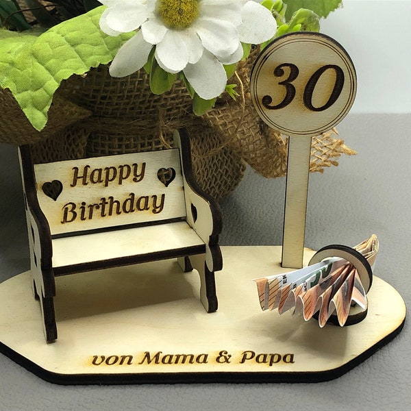 Geschenk Personalisiert zum Geburtstag Geldgeschenk Happy Birthday Bank mit Wunschzahl als Schild Gartenbank, Rente,