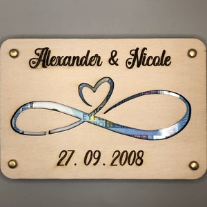 Geldcadeau bruiloft gepersonaliseerde cadeaukaart hout, cadeauverpakking geld oneindig hart, cadeau jonggehuwden, huwelijkscadeau