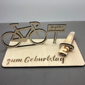 Geldgeschenk Fahrrad zum Geburtstag · Geschenke aus Holz · Geldgeschenke · originelle Geldgeschenke, Gutschein, Radfahrer v2