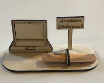 Cadeau en argent pour un ordinateur portable · Nom personnalisé possible · Cadeaux en bois · Cadeaux en argent · Cadeaux en argent originaux