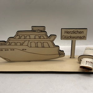 Geschenk zur Reise, Schiffsreise, Rente, Urlaub, Gute Reise, Wunschname, Holz Geldgeschenk Geburtstag