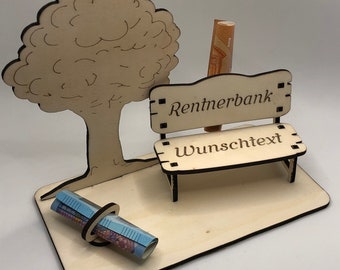 XXL Geldgeschenk zur Rente, Rentnerbank , Geldgeschenk mit Baum zum Ruhestand. Rentner/in