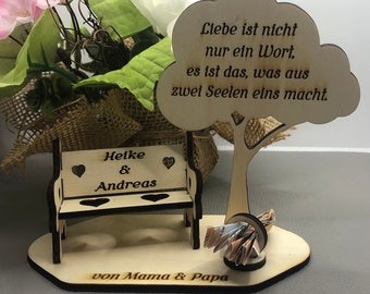 Geschenk zur Hochzeit, Geldgeschenk, Brautpaar, Bank mit Baum Wunschtext