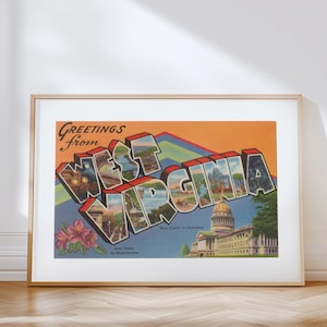 Impresión en lienzo de Virginia Occidental, Saludos desde Virginia Occidental, Decoración retro de Virginia Occidental, Póster de Virginia Occidental vintage