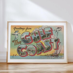 Impresión en lienzo de la Costa del Golfo, Saludos desde la Costa del Golfo, Decoración retro de la Costa del Golfo, Arte mural retro, Decoración vintage