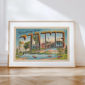 Impresión en lienzo de Maine, Saludos desde Maine, Decoración retro de Maine, Maine vintage, Arte mural retro, Decoración vintage, Póster de Maine