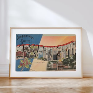 Impresión en lienzo de Massachusetts, Saludos desde Massachusetts, Decoración retro de Massachusetts, Massachusetts vintage, Póster de Massachusetts