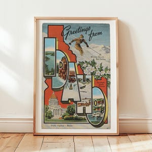 Impresión en lienzo de Idaho, Saludos desde Idaho, Decoración retro de Idaho, Idaho vintage, Arte mural retro, Póster de Idaho