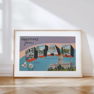 Impresión en lienzo de Utah, Saludos desde Utah, Decoración retro de Utah, Utah vintage, Arte mural retro, Decoración vintage, Póster de Utah