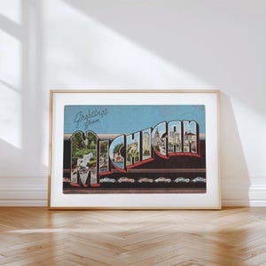 Impresión en lienzo de Michigan, Saludos desde Michigan, Decoración retro de Michigan, Michigan vintage, Arte mural retro, Decoración vintage, Póster de Michigan