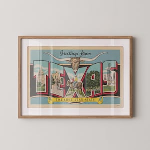 Póster de saludos desde Texas, postal vintage con letras grandes: impresión en papel, arte de pared enmarcado o sin marco