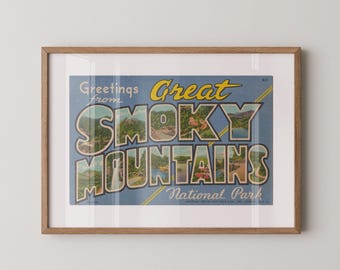 Greetings from Great Smoky Mountains Poster Vintage Large Postcard: Paper Print Framed or Unframed Wall Art