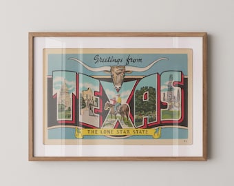 Greetings from Texas Poster Vintage Large Letter Postcard: Paper Print Framed or Unframed Wall Art