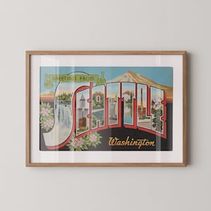 Stampa su carta fine art di Seattle, saluti da Seattle, decorazioni retrò di Seattle, Seattle vintage, arte murale retrò, decorazioni vintage, poster di Seattle