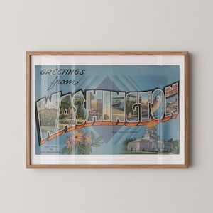 Stampa su carta artistica dello Stato di Washington, saluti da Washington, decorazioni retrò dello Stato di Washington, poster dello Stato di Washington