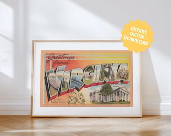 Virginia Print DIGITAL DOWNLOAD, Greetings from Virginia, Retro Virginia Decor, Vintage Virginia, Retro Wall Art, Vintage Decor
