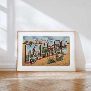 Impresión en lienzo de Kansas, Saludos desde Kansas, Decoración retro de Kansas, Kansas vintage, Arte mural retro, Decoración vintage, Póster de Kansas