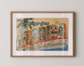 Greetings from Florida Poster Vintage Large Letter Postcard : Paper Print Framed or Unframed Wall Art