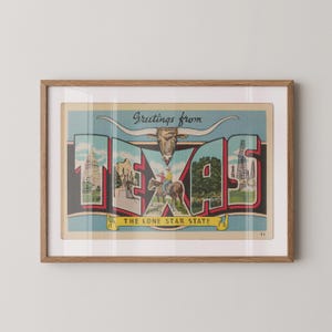 Impresión en papel de bellas artes de Texas, Saludos desde Texas, Decoración retro de Texas, Texas vintage, Arte mural retro, Decoración vintage, Póster de Texas