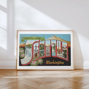 Impresión en lienzo de Seattle, Saludos desde Seattle, Decoración retro de Seattle, Seattle vintage, Arte mural retro, Decoración vintage, Póster de Seattle