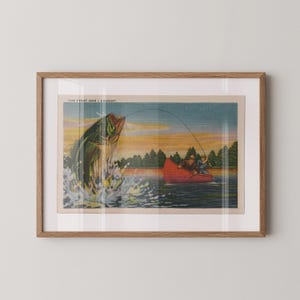 Impresión de pesca vintage, decoración de pesca retro, camping vintage, arte mural retro, decoración vintage, póster de pesca, ilustración de peces