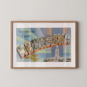Impresión artística de Nebraska, Saludos desde Nebraska, Decoración retro de Nebraska, Nebraska vintage, Arte mural retro, Póster de Nebraska