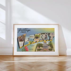 Impresión en lienzo de Vermont, Saludos desde Vermont, Decoración retro de Vermont, Vermont vintage, Arte mural retro, Decoración vintage, Póster de Vermont