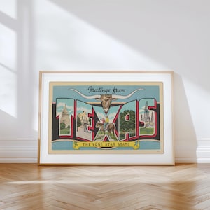 Impresión en lienzo de Texas, Saludos desde Texas, Decoración retro de Texas, Texas vintage, Arte mural retro, Decoración vintage, Póster de Texas
