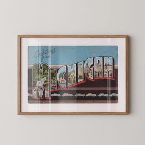 Impression sur papier beaux-arts du Michigan, salutations du Michigan, décoration rétro du Michigan, Michigan vintage, art mural rétro, affiche du Michigan