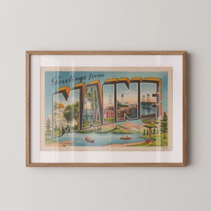 Impression sur papier Fine Art du Maine, salutations du Maine, décoration rétro du Maine, Maine vintage, art mural rétro, décoration vintage, affiche du Maine