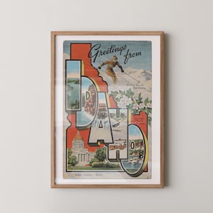 Stampa artistica dell'Idaho, Saluti dall'Idaho, Decorazioni retrò dell'Idaho, Idaho vintage, Arte murale retrò, Poster dell'Idaho