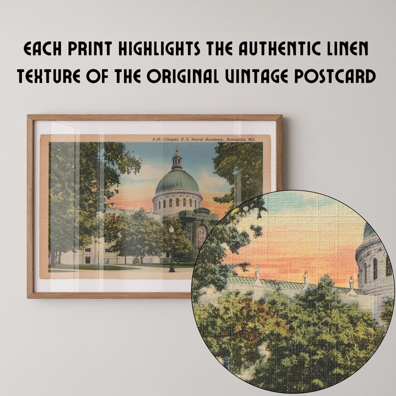 Vintage illustrated postcard print of the domed chapel at the United States Naval Academy in Annapolis, Maryland. Printed as a giclée fine art print on archival matte paper.