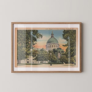 Vintage illustrated postcard print of the domed chapel at the United States Naval Academy in Annapolis, Maryland. Printed as a giclée fine art print on archival matte paper.