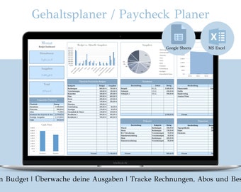 May include: A laptop screen displaying a budget planner spreadsheet with charts and graphs. The spreadsheet is titled "Gehaltsplaner / Paycheck Planer" and has tabs for "Monat", "Budget vs. Mittelwerte Ausgaben", "Finanzielle Fortschritte Budget", "Einnahmen", "Ausgaben", and "Prognosen". The spreadsheet is open in Google Sheets and MS Excel.