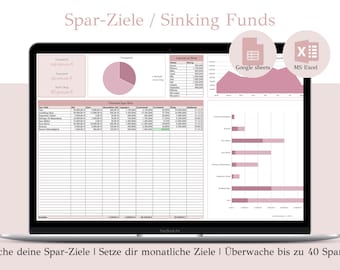 May include: A laptop computer screen displaying a spreadsheet with a pink and white color scheme. The spreadsheet is titled "Spar-Ziele / Sinking Funds" and includes charts and graphs. The screen also shows icons for Google Sheets and MS Excel.