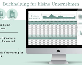 May include: A computer screen displaying a spreadsheet with a green color scheme. The spreadsheet shows a graph of income and expenses, as well as a table of data. The text on the screen reads "Einnahmen & Ausgaben resübersicht". The text on the screen is in German.