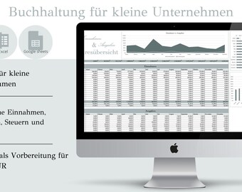 May include: A computer screen displaying a spreadsheet with graphs and charts. The text on the screen reads "Buchhaltung für kleine Unternehmen" and "& Ausgaben resübersicht". The text on the screen is in German. The computer is on a white background.