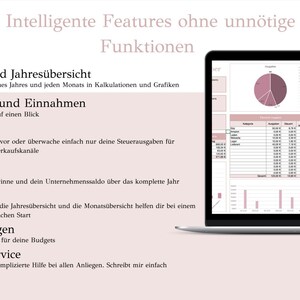 May include: A laptop screen displaying a spreadsheet with a pink and white color scheme. The spreadsheet is titled "Monats und Jahres&uuml;bersicht" and includes sections for "Ausgaben und Einnahmen", "Steuern", "Gewinn", "Anleitung", "Einstellungen", and "Kundenservice".