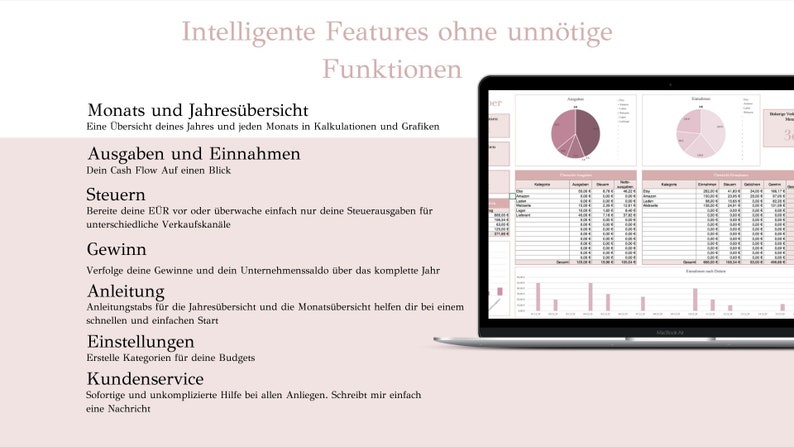 May include: A laptop screen displaying a spreadsheet with a pink and white color scheme. The spreadsheet is titled "Monats und Jahres&uuml;bersicht" and includes sections for "Ausgaben und Einnahmen", "Steuern", "Gewinn", "Anleitung", "Einstellungen", and "Kundenservice".