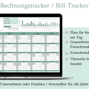 May include: A laptop screen displaying a bill tracker spreadsheet with a green and white color scheme. The spreadsheet is titled "Rechnungstracker / Bill Tracker" and includes a calendar, a progress bar, and a section for tracking invoices. The text "Platz f&uuml;r bis zu 7 Rechnungen am Tag" is visible on the right side of the screen.