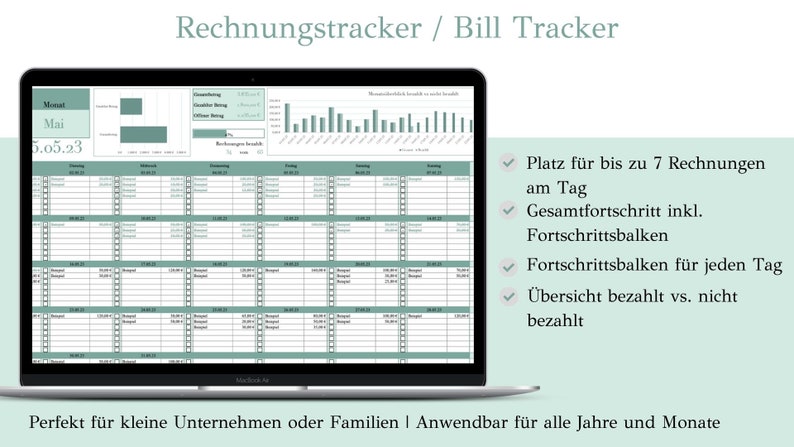 May include: A laptop screen displaying a bill tracker spreadsheet with a green and white color scheme. The spreadsheet is titled "Rechnungstracker / Bill Tracker" and includes a calendar, a progress bar, and a section for tracking invoices. The text "Platz f&uuml;r bis zu 7 Rechnungen am Tag" is visible on the right side of the screen.
