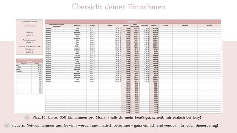 May include: A printable spreadsheet template for tracking income. The spreadsheet is divided into columns for category, date, amount, sales tax, deductions, total, customer, benefits, and notes. The spreadsheet is designed to help users track their income and expenses.